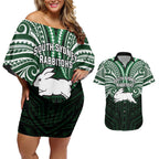 Custom South Sydney Rabbitohs Rugby Couples Matching Off Shoulder Short Dress and Hawaiian Shirt Rabbit Warrior Polynesia Islander Rugby Mascot
