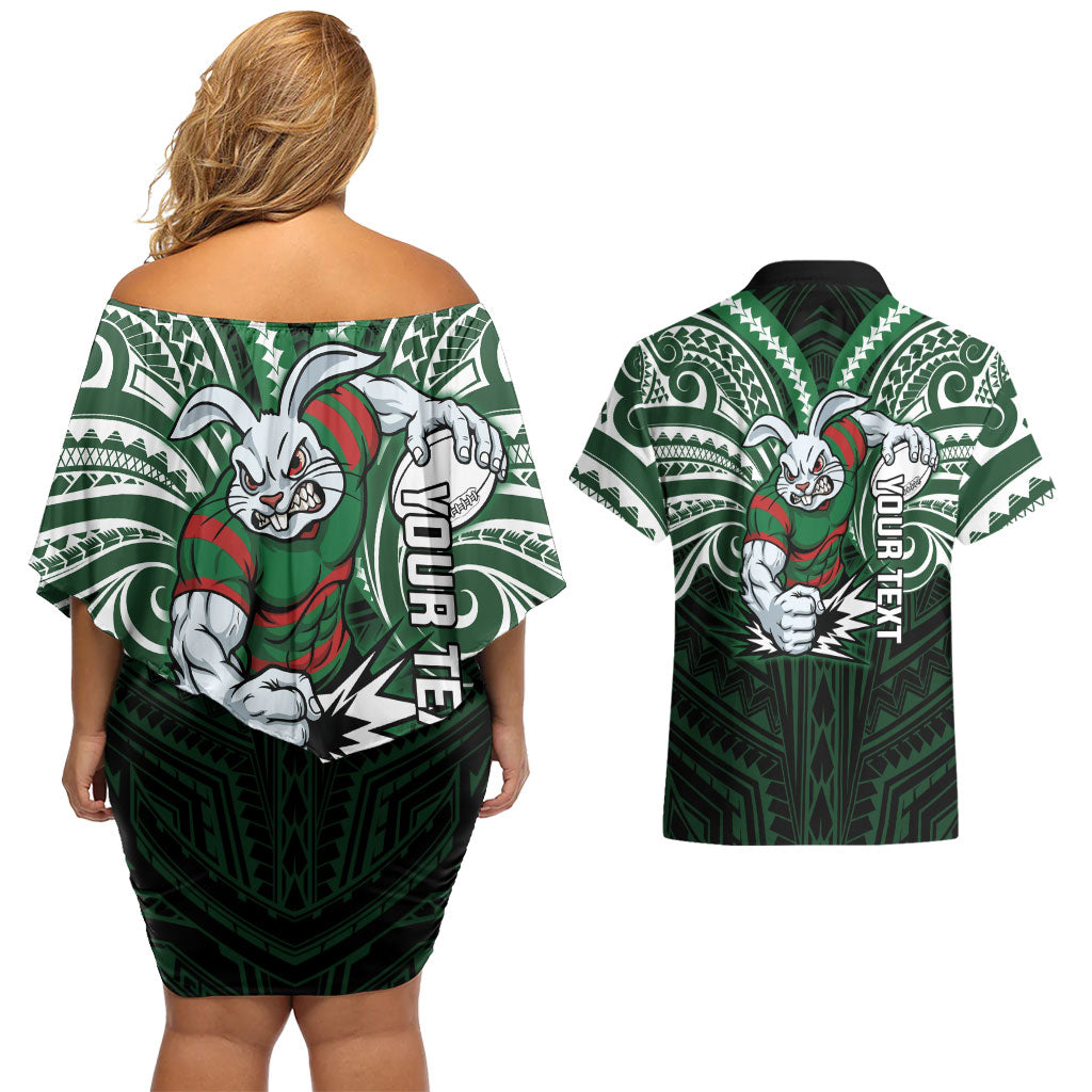 Custom South Sydney Rabbitohs Rugby Couples Matching Off Shoulder Short Dress and Hawaiian Shirt Rabbit Warrior Polynesia Islander Rugby Mascot
