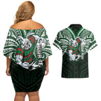 Custom South Sydney Rabbitohs Rugby Couples Matching Off Shoulder Short Dress and Hawaiian Shirt Rabbit Warrior Polynesia Islander Rugby Mascot