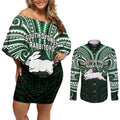 Custom South Sydney Rabbitohs Rugby Couples Matching Off Shoulder Short Dress and Long Sleeve Button Shirt Rabbit Warrior Polynesia Islander Rugby Mascot
