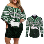 Custom South Sydney Rabbitohs Rugby Couples Matching Off Shoulder Short Dress and Long Sleeve Button Shirt Rabbit Warrior Polynesia Islander Rugby Mascot
