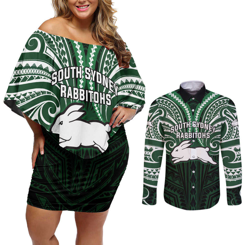 Custom South Sydney Rabbitohs Rugby Couples Matching Off Shoulder Short Dress and Long Sleeve Button Shirt Rabbit Warrior Polynesia Islander Rugby Mascot