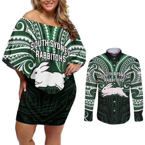 Custom South Sydney Rabbitohs Rugby Couples Matching Off Shoulder Short Dress and Long Sleeve Button Shirt Rabbit Warrior Polynesia Islander Rugby Mascot