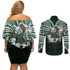 Custom South Sydney Rabbitohs Rugby Couples Matching Off Shoulder Short Dress and Long Sleeve Button Shirt Rabbit Warrior Polynesia Islander Rugby Mascot