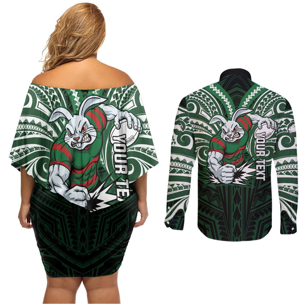 Custom South Sydney Rabbitohs Rugby Couples Matching Off Shoulder Short Dress and Long Sleeve Button Shirt Rabbit Warrior Polynesia Islander Rugby Mascot
