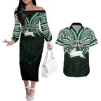 Custom South Sydney Rabbitohs Rugby Couples Matching Off The Shoulder Long Sleeve Dress and Hawaiian Shirt Rabbit Warrior Polynesia Islander Rugby Mascot