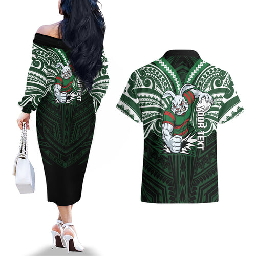 Custom South Sydney Rabbitohs Rugby Couples Matching Off The Shoulder Long Sleeve Dress and Hawaiian Shirt Rabbit Warrior Polynesia Islander Rugby Mascot