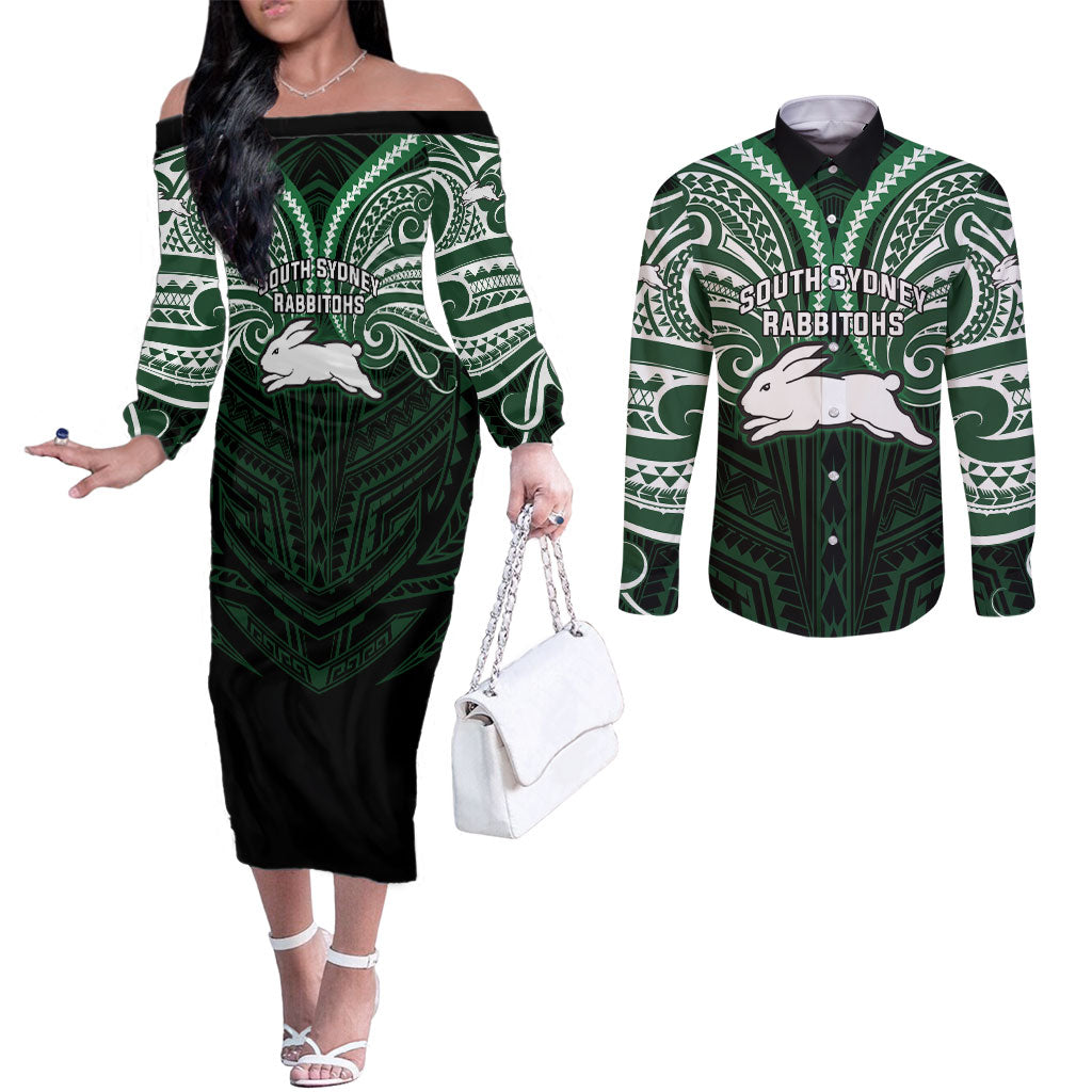 Custom South Sydney Rabbitohs Rugby Couples Matching Off The Shoulder Long Sleeve Dress and Long Sleeve Button Shirt Rabbit Warrior Polynesia Islander Rugby Mascot