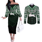 Custom South Sydney Rabbitohs Rugby Couples Matching Off The Shoulder Long Sleeve Dress and Long Sleeve Button Shirt Rabbit Warrior Polynesia Islander Rugby Mascot