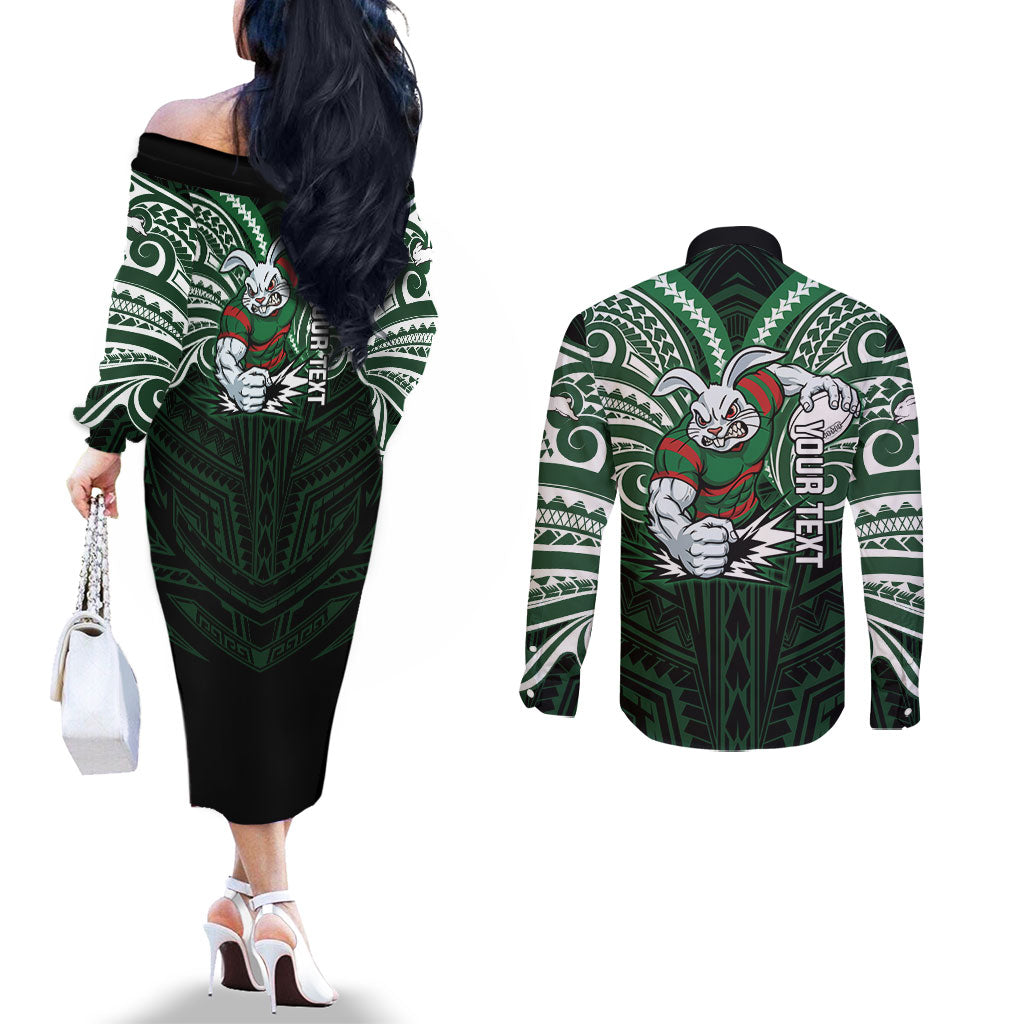 Custom South Sydney Rabbitohs Rugby Couples Matching Off The Shoulder Long Sleeve Dress and Long Sleeve Button Shirt Rabbit Warrior Polynesia Islander Rugby Mascot