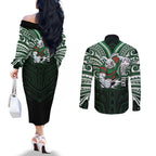 Custom South Sydney Rabbitohs Rugby Couples Matching Off The Shoulder Long Sleeve Dress and Long Sleeve Button Shirt Rabbit Warrior Polynesia Islander Rugby Mascot