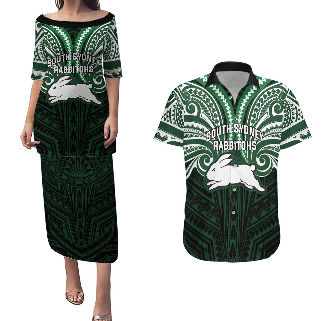 Custom South Sydney Rabbitohs Rugby Couples Matching Puletasi and Hawaiian Shirt Rabbit Warrior Polynesia Islander Rugby Mascot