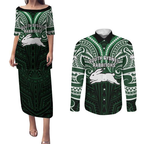 Custom South Sydney Rabbitohs Rugby Couples Matching Puletasi and Long Sleeve Button Shirt Rabbit Warrior Polynesia Islander Rugby Mascot