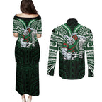 Custom South Sydney Rabbitohs Rugby Couples Matching Puletasi and Long Sleeve Button Shirt Rabbit Warrior Polynesia Islander Rugby Mascot