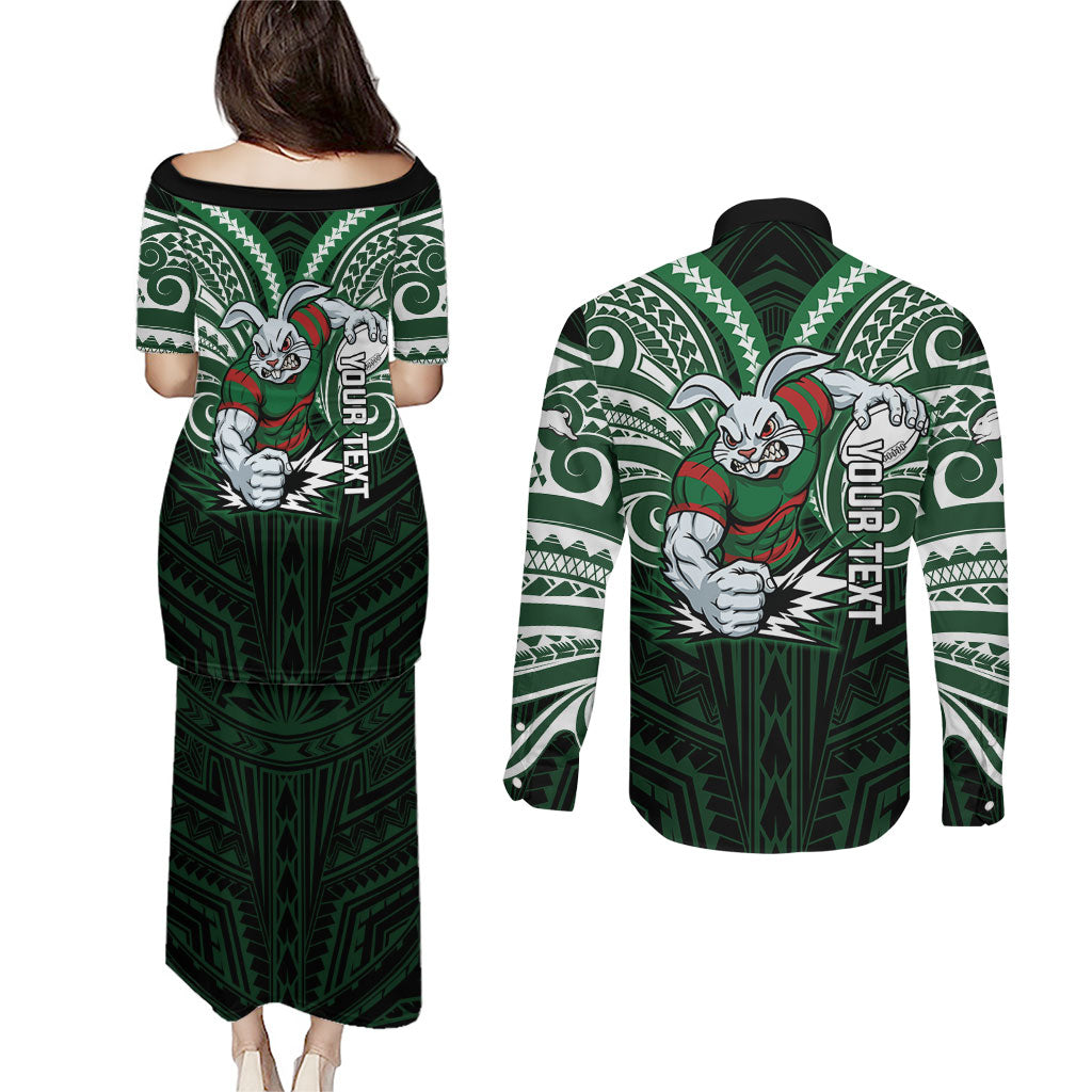 Custom South Sydney Rabbitohs Rugby Couples Matching Puletasi and Long Sleeve Button Shirt Rabbit Warrior Polynesia Islander Rugby Mascot