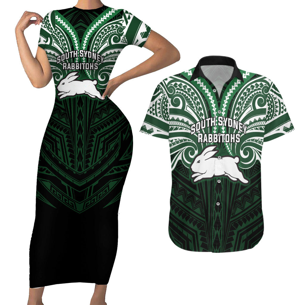 Custom South Sydney Rabbitohs Rugby Couples Matching Short Sleeve Bodycon Dress and Hawaiian Shirt Rabbit Warrior Polynesia Islander Rugby Mascot