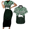 Custom South Sydney Rabbitohs Rugby Couples Matching Short Sleeve Bodycon Dress and Hawaiian Shirt Rabbit Warrior Polynesia Islander Rugby Mascot