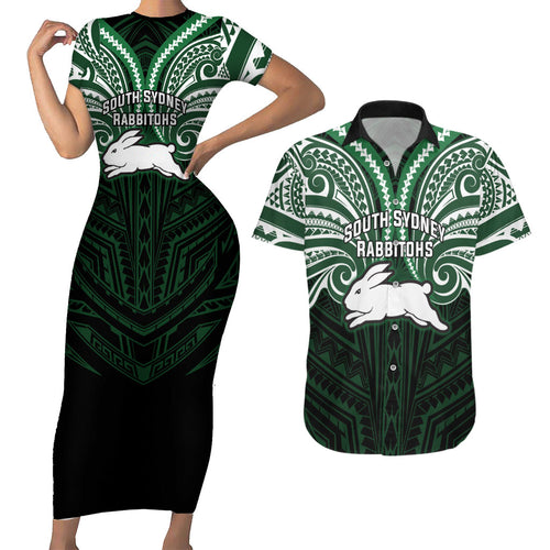 Custom South Sydney Rabbitohs Rugby Couples Matching Short Sleeve Bodycon Dress and Hawaiian Shirt Rabbit Warrior Polynesia Islander Rugby Mascot