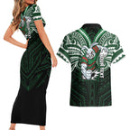 Custom South Sydney Rabbitohs Rugby Couples Matching Short Sleeve Bodycon Dress and Hawaiian Shirt Rabbit Warrior Polynesia Islander Rugby Mascot