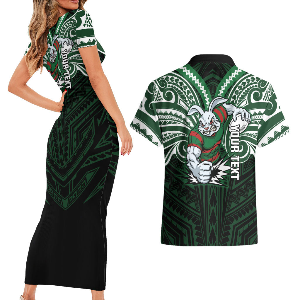 Custom South Sydney Rabbitohs Rugby Couples Matching Short Sleeve Bodycon Dress and Hawaiian Shirt Rabbit Warrior Polynesia Islander Rugby Mascot