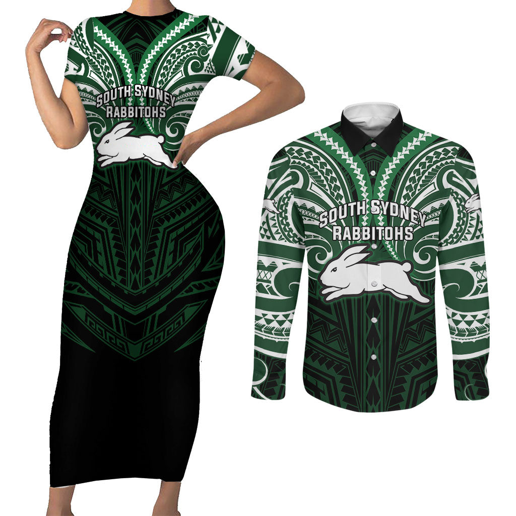Custom South Sydney Rabbitohs Rugby Couples Matching Short Sleeve Bodycon Dress and Long Sleeve Button Shirt Rabbit Warrior Polynesia Islander Rugby Mascot