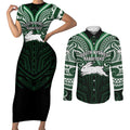 Custom South Sydney Rabbitohs Rugby Couples Matching Short Sleeve Bodycon Dress and Long Sleeve Button Shirt Rabbit Warrior Polynesia Islander Rugby Mascot