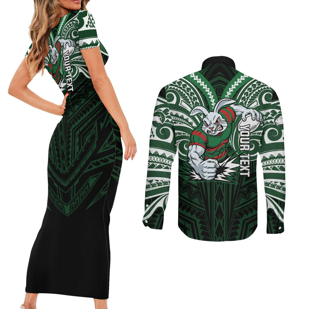 Custom South Sydney Rabbitohs Rugby Couples Matching Short Sleeve Bodycon Dress and Long Sleeve Button Shirt Rabbit Warrior Polynesia Islander Rugby Mascot