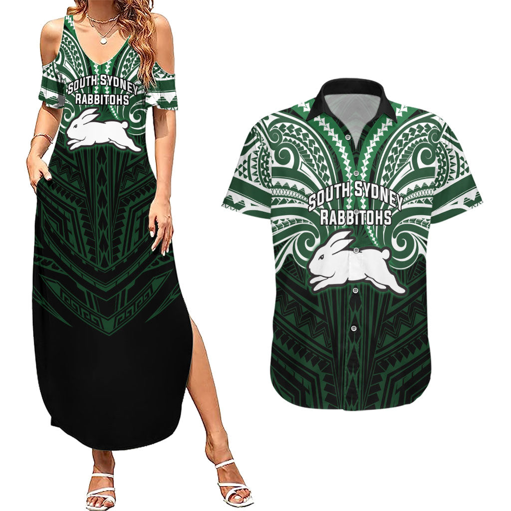 Custom South Sydney Rabbitohs Rugby Couples Matching Summer Maxi Dress and Hawaiian Shirt Rabbit Warrior Polynesia Islander Rugby Mascot
