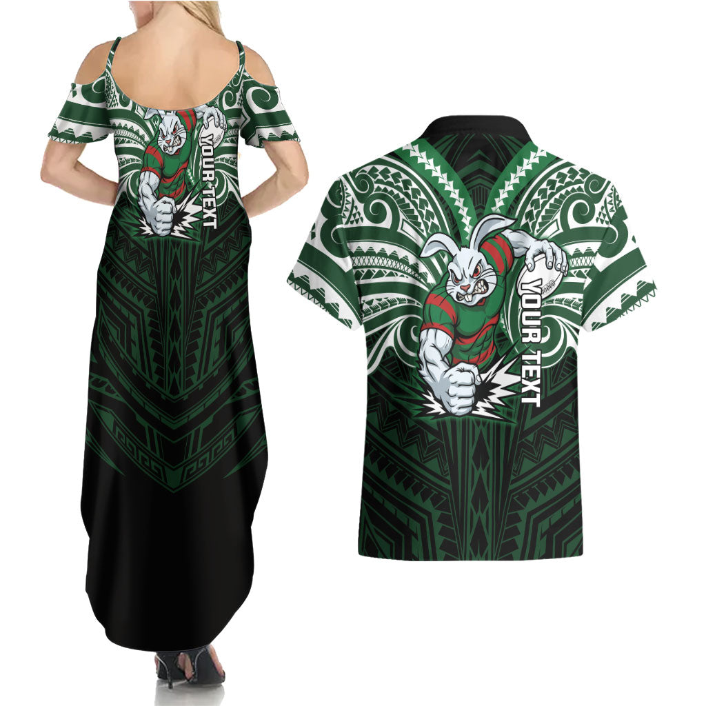 Custom South Sydney Rabbitohs Rugby Couples Matching Summer Maxi Dress and Hawaiian Shirt Rabbit Warrior Polynesia Islander Rugby Mascot