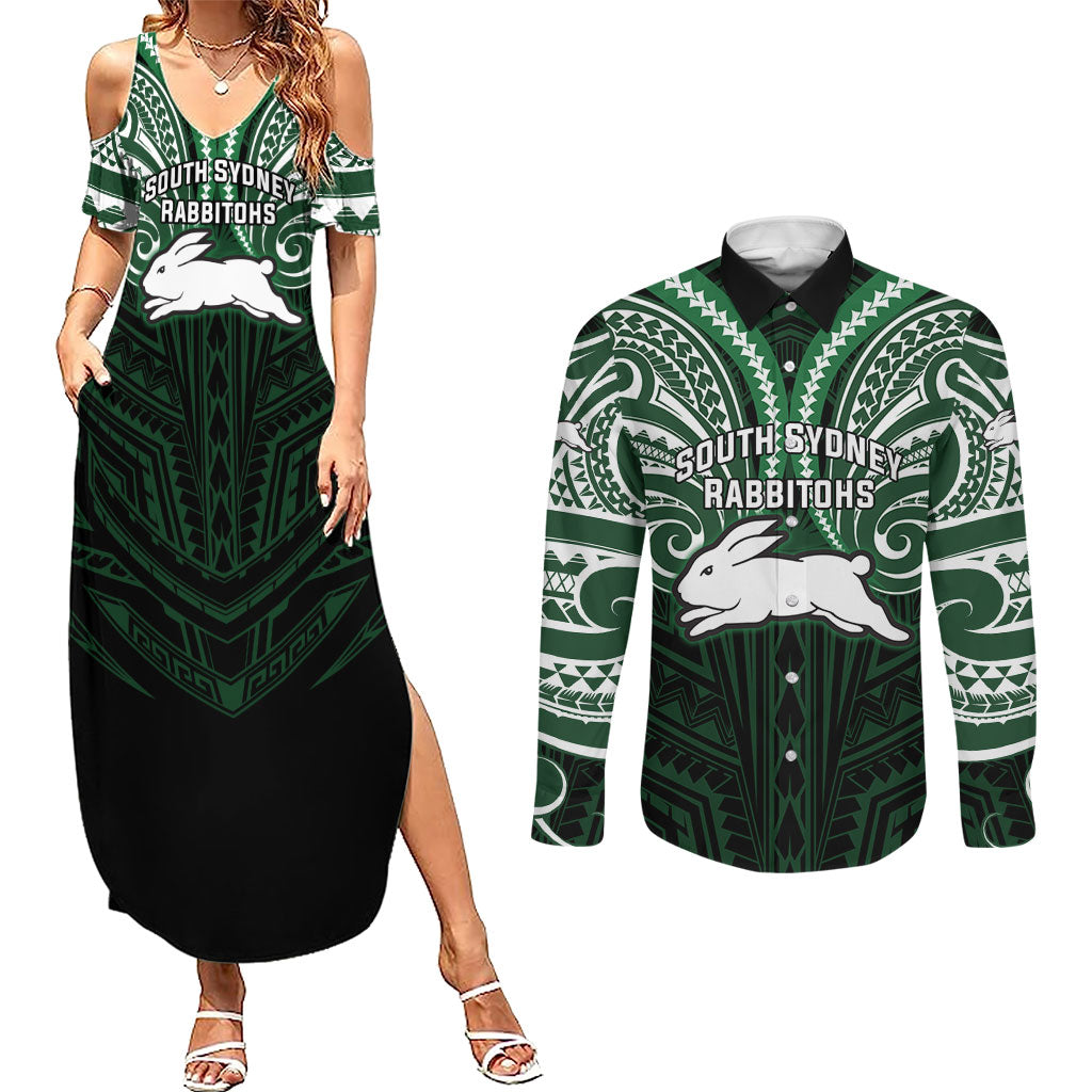 Custom South Sydney Rabbitohs Rugby Couples Matching Summer Maxi Dress and Long Sleeve Button Shirt Rabbit Warrior Polynesia Islander Rugby Mascot