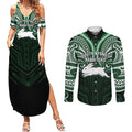 Custom South Sydney Rabbitohs Rugby Couples Matching Summer Maxi Dress and Long Sleeve Button Shirt Rabbit Warrior Polynesia Islander Rugby Mascot