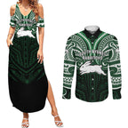Custom South Sydney Rabbitohs Rugby Couples Matching Summer Maxi Dress and Long Sleeve Button Shirt Rabbit Warrior Polynesia Islander Rugby Mascot