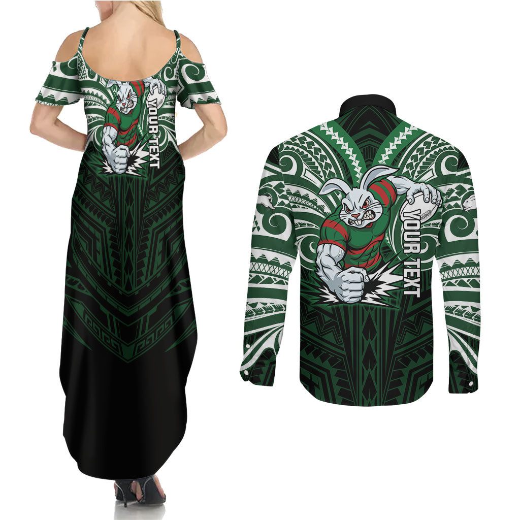 Custom South Sydney Rabbitohs Rugby Couples Matching Summer Maxi Dress and Long Sleeve Button Shirt Rabbit Warrior Polynesia Islander Rugby Mascot