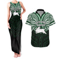 Custom South Sydney Rabbitohs Rugby Couples Matching Tank Maxi Dress and Hawaiian Shirt Rabbit Warrior Polynesia Islander Rugby Mascot