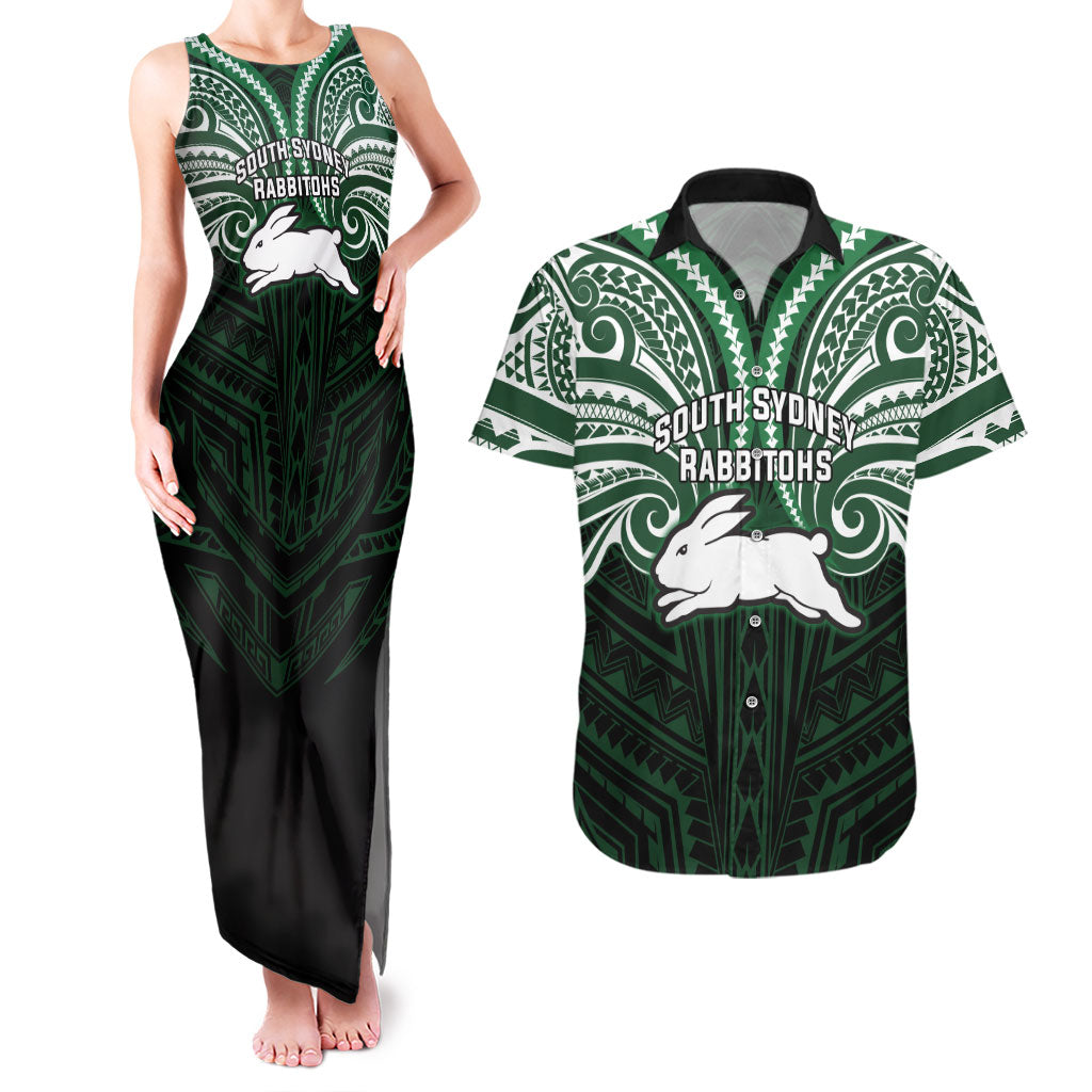 Custom South Sydney Rabbitohs Rugby Couples Matching Tank Maxi Dress and Hawaiian Shirt Rabbit Warrior Polynesia Islander Rugby Mascot