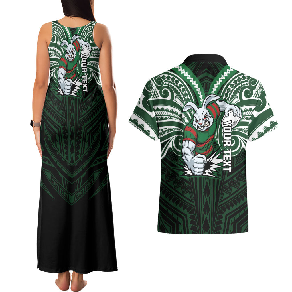 Custom South Sydney Rabbitohs Rugby Couples Matching Tank Maxi Dress and Hawaiian Shirt Rabbit Warrior Polynesia Islander Rugby Mascot