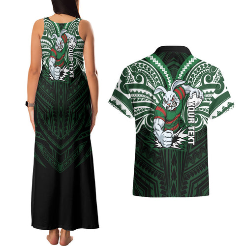 Custom South Sydney Rabbitohs Rugby Couples Matching Tank Maxi Dress and Hawaiian Shirt Rabbit Warrior Polynesia Islander Rugby Mascot