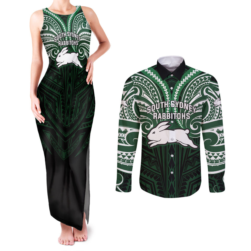 Custom South Sydney Rabbitohs Rugby Couples Matching Tank Maxi Dress and Long Sleeve Button Shirt Rabbit Warrior Polynesia Islander Rugby Mascot