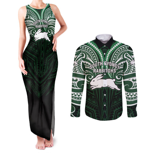 Custom South Sydney Rabbitohs Rugby Couples Matching Tank Maxi Dress and Long Sleeve Button Shirt Rabbit Warrior Polynesia Islander Rugby Mascot