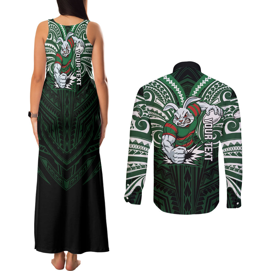 Custom South Sydney Rabbitohs Rugby Couples Matching Tank Maxi Dress and Long Sleeve Button Shirt Rabbit Warrior Polynesia Islander Rugby Mascot