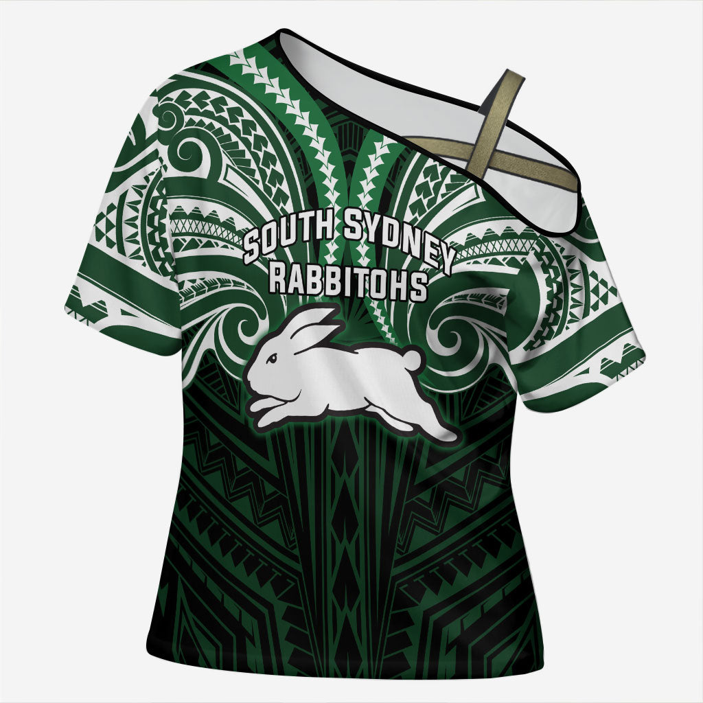 Custom South Sydney Rabbitohs Rugby Cross Shoulder Shirt Rabbit Warrior Polynesia Islander Rugby Mascot