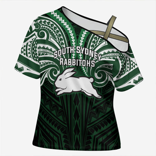 Custom South Sydney Rabbitohs Rugby Cross Shoulder Shirt Rabbit Warrior Polynesia Islander Rugby Mascot