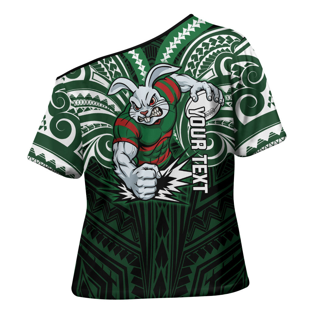 Custom South Sydney Rabbitohs Rugby Cross Shoulder Shirt Rabbit Warrior Polynesia Islander Rugby Mascot