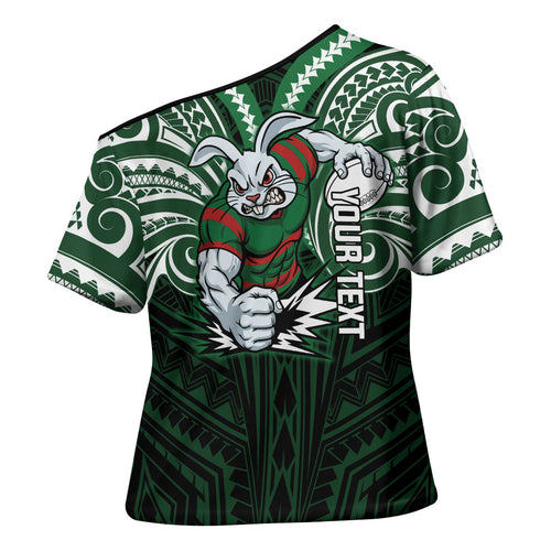 Custom South Sydney Rabbitohs Rugby Cross Shoulder Shirt Rabbit Warrior Polynesia Islander Rugby Mascot