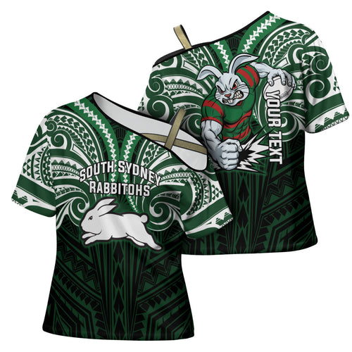 Custom South Sydney Rabbitohs Rugby Cross Shoulder Shirt Rabbit Warrior Polynesia Islander Rugby Mascot