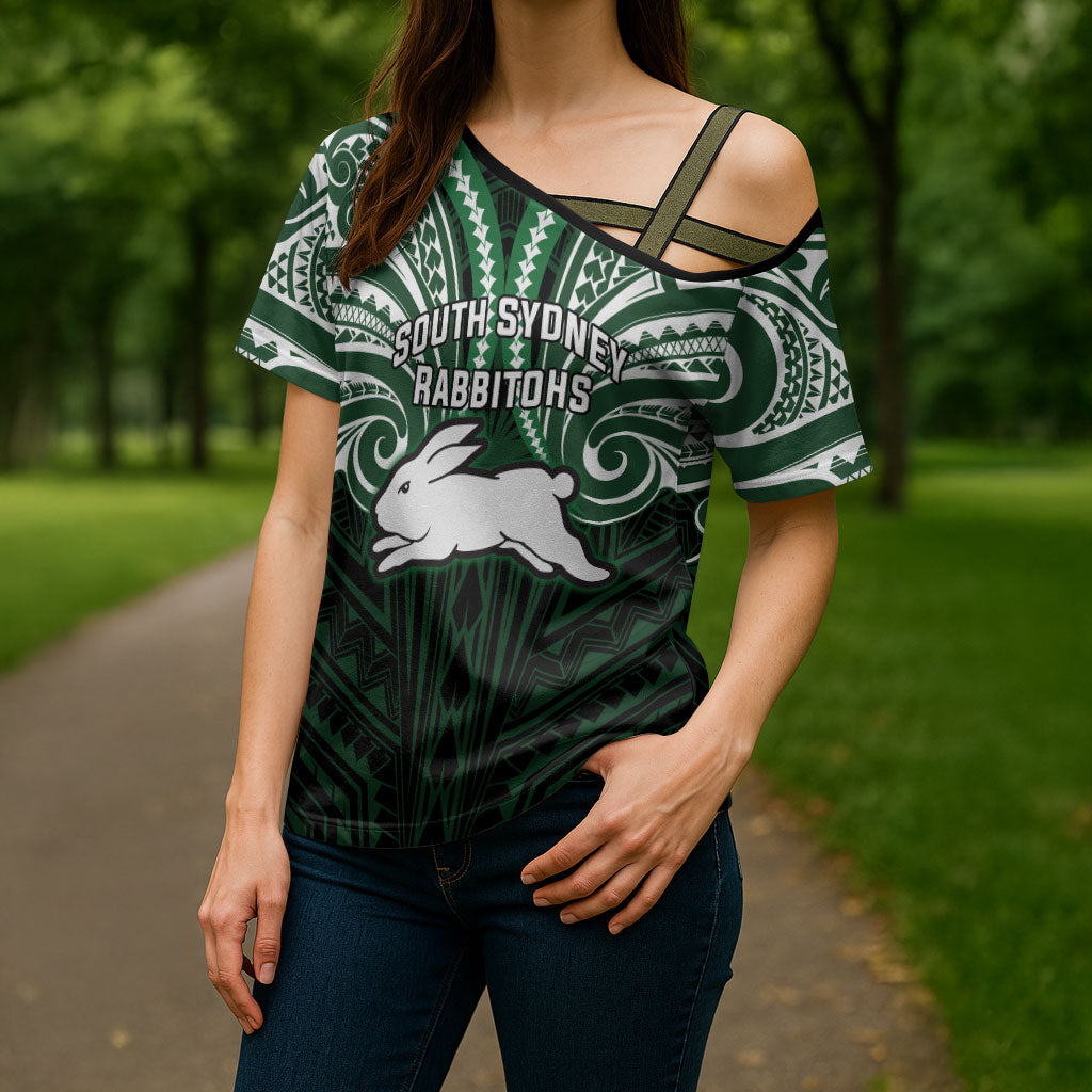 Custom South Sydney Rabbitohs Rugby Cross Shoulder Shirt Rabbit Warrior Polynesia Islander Rugby Mascot