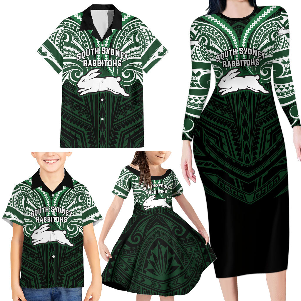Custom South Sydney Rabbitohs Rugby Family Matching Long Sleeve Bodycon Dress and Hawaiian Shirt Rabbit Warrior Polynesia Islander Rugby Mascot