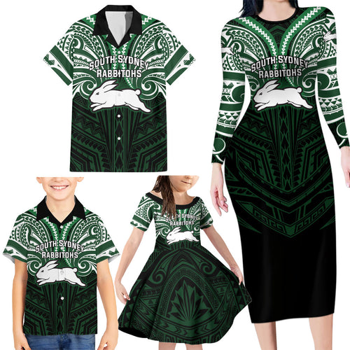 Custom South Sydney Rabbitohs Rugby Family Matching Long Sleeve Bodycon Dress and Hawaiian Shirt Rabbit Warrior Polynesia Islander Rugby Mascot
