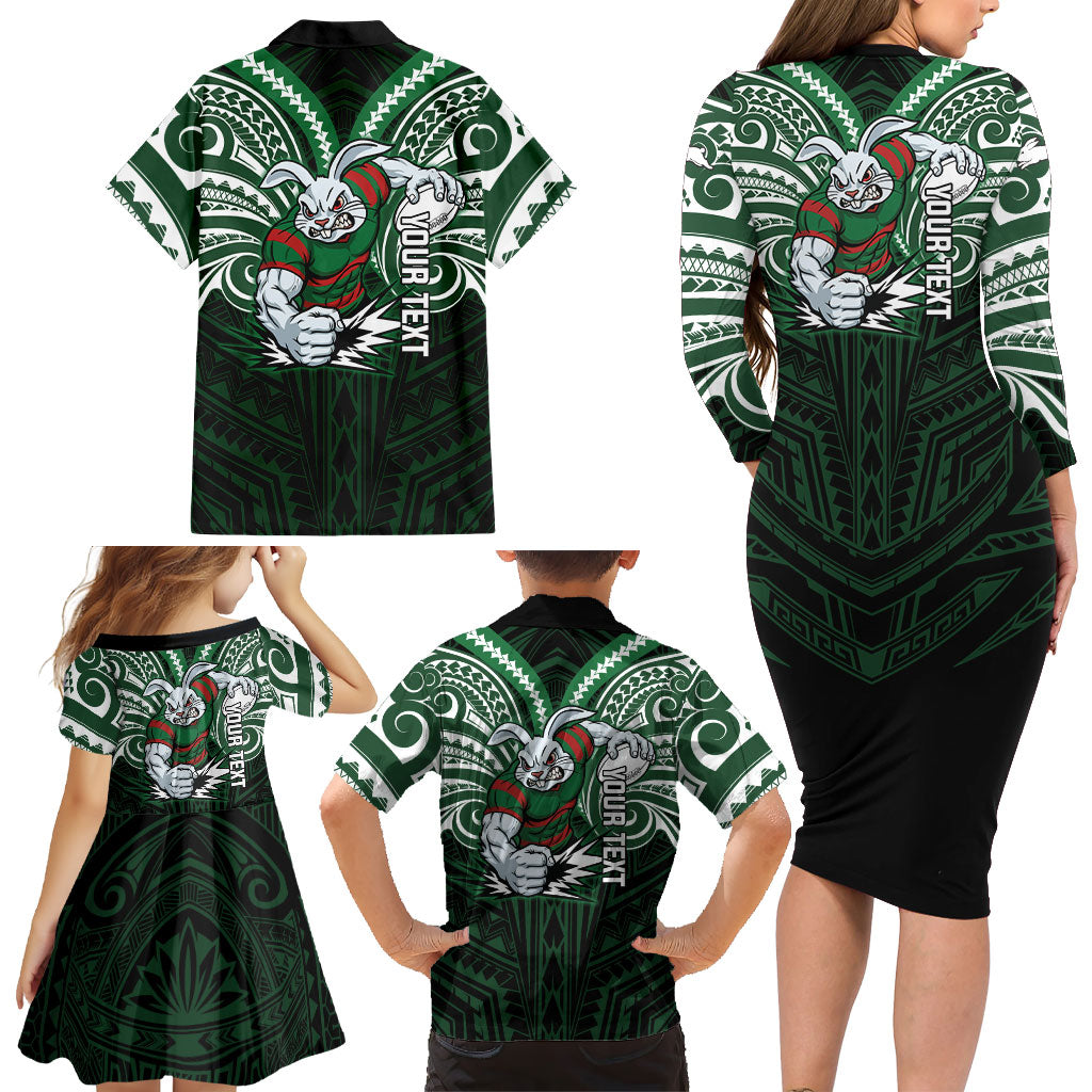 Custom South Sydney Rabbitohs Rugby Family Matching Long Sleeve Bodycon Dress and Hawaiian Shirt Rabbit Warrior Polynesia Islander Rugby Mascot