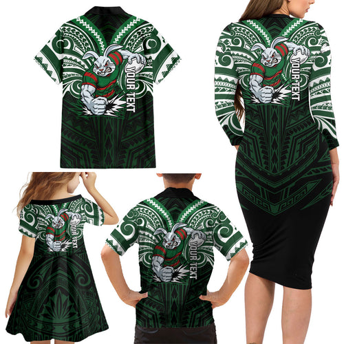 Custom South Sydney Rabbitohs Rugby Family Matching Long Sleeve Bodycon Dress and Hawaiian Shirt Rabbit Warrior Polynesia Islander Rugby Mascot